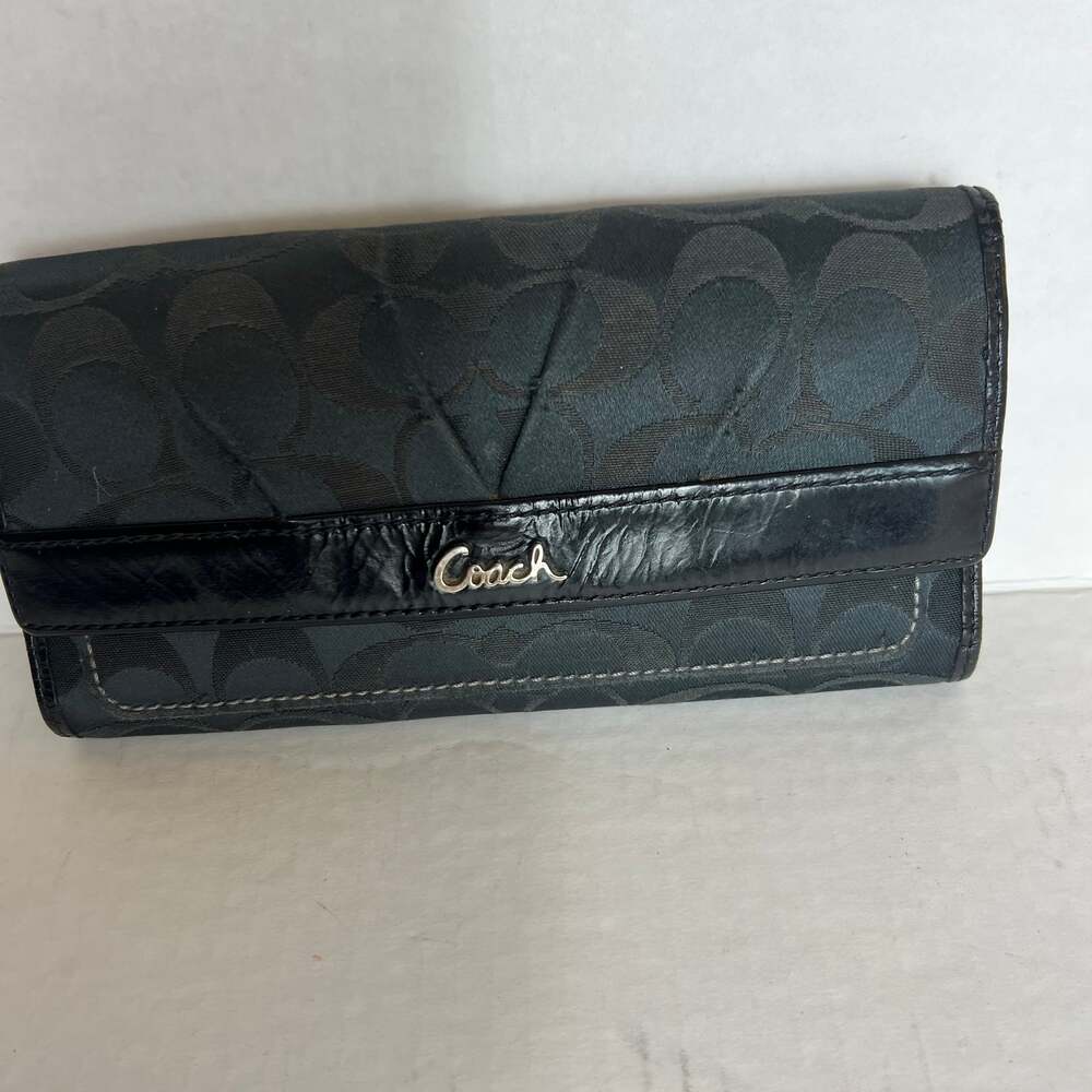 Coach Ashley Trifold Wallet Black Signature C Canvas Leather Trim